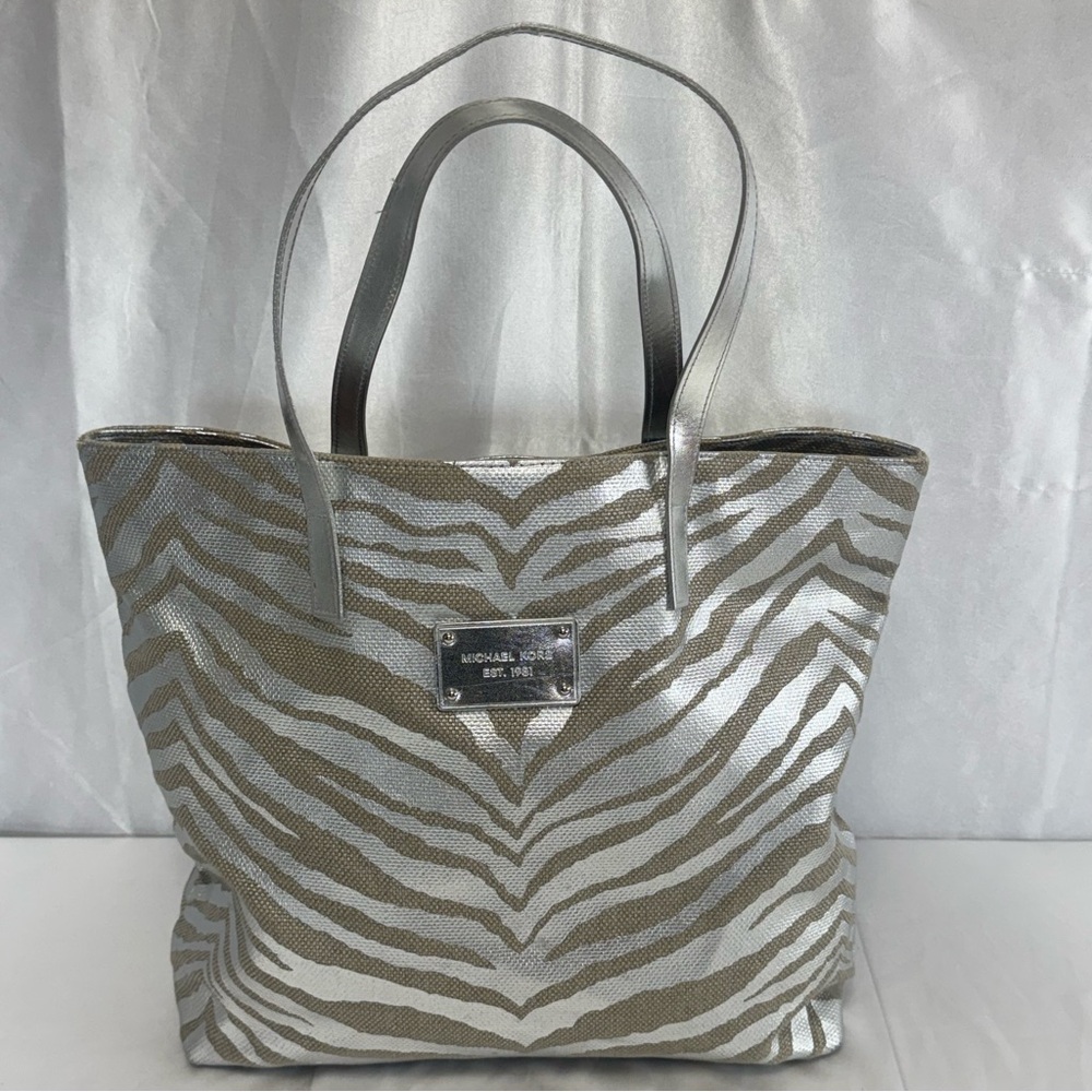 Michael Kors Metallic Silver and Beige Zebra-Print Tote Bag